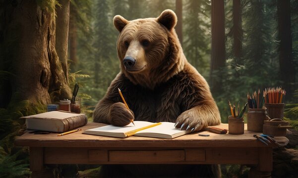 Whimsical Bear Writing in a Forest Study &ndash; Creative Animal Illustration
