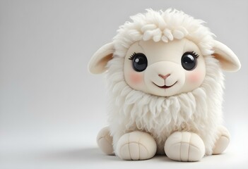 A cute white fluffy sheep plush toy with large eyes and a smiling expression, sitting on a plain background