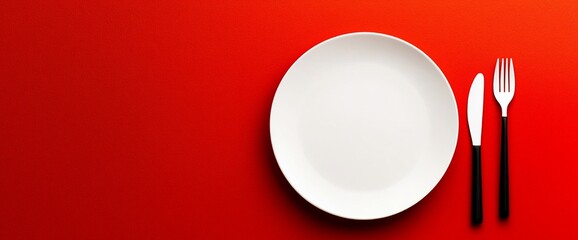 White plate, knife, and fork on red background.