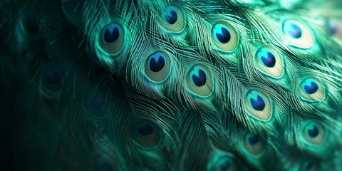 Obraz premium Vibrant emerald peacock feathers create a stunning background, showcasing the rich colors and intricate details of emerald peacock feathers in a visually captivating display.