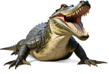 Fototapeta premium A large, fierce-looking alligator with its mouth open, revealing sharp teeth. The alligator has a scaly, greenish-brown skin and appears to be in a natural outdoor setting