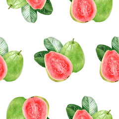 Hand-Painted Watercolor Seamless Guava Pattern Isolated on White