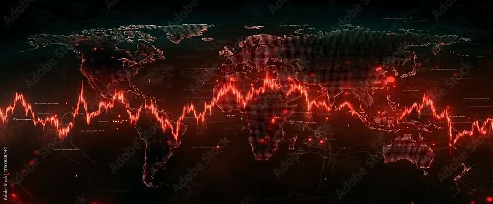 Poster a digital world map with a red waveform, suggesting data visualization or analytics.