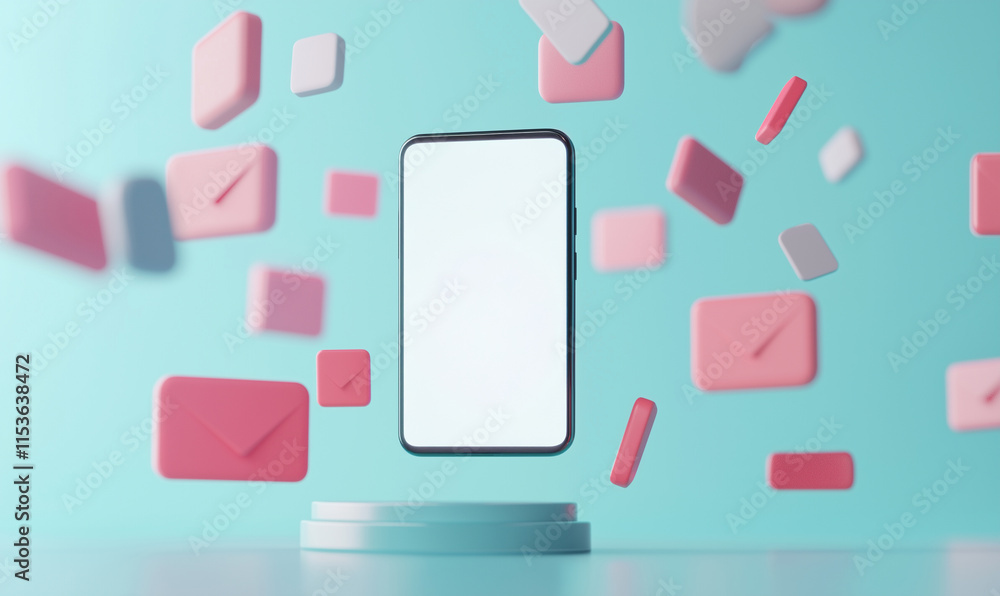 Poster a smartphone is surrounded by floating colorful app icons on a vibrant blue background, showcasing d
