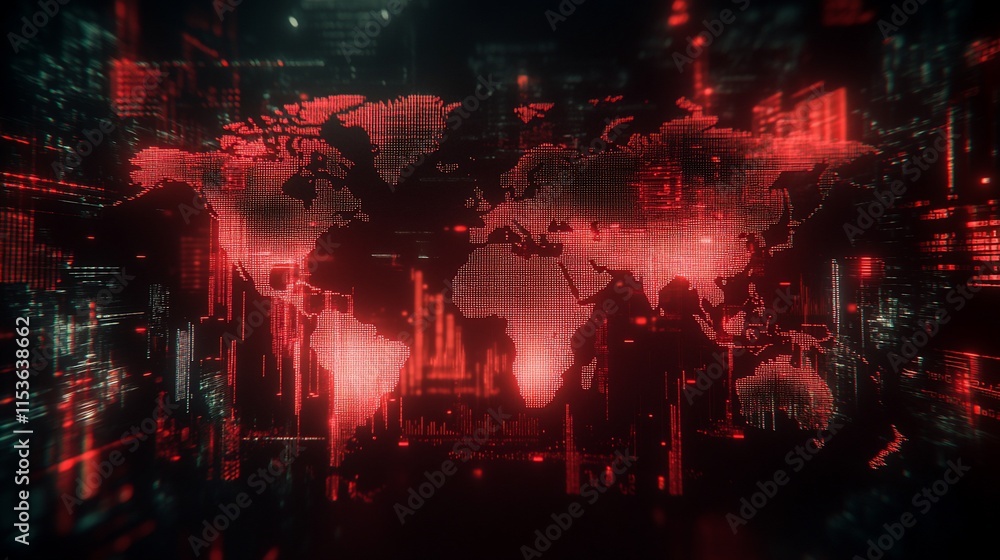 Poster a digital world map in red tones, symbolizing data and technology.