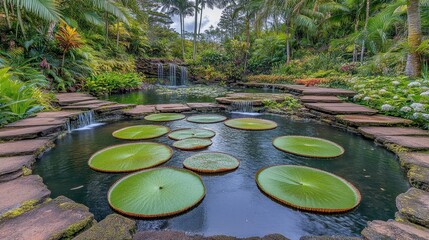 Tranquil garden pond with giant water lilies, waterfalls, and stone pathways amidst lush tropical foliage.