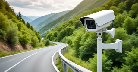 A security camera mounted on a tower overlooking a winding road through a lush, green landscape with mountains in the background
