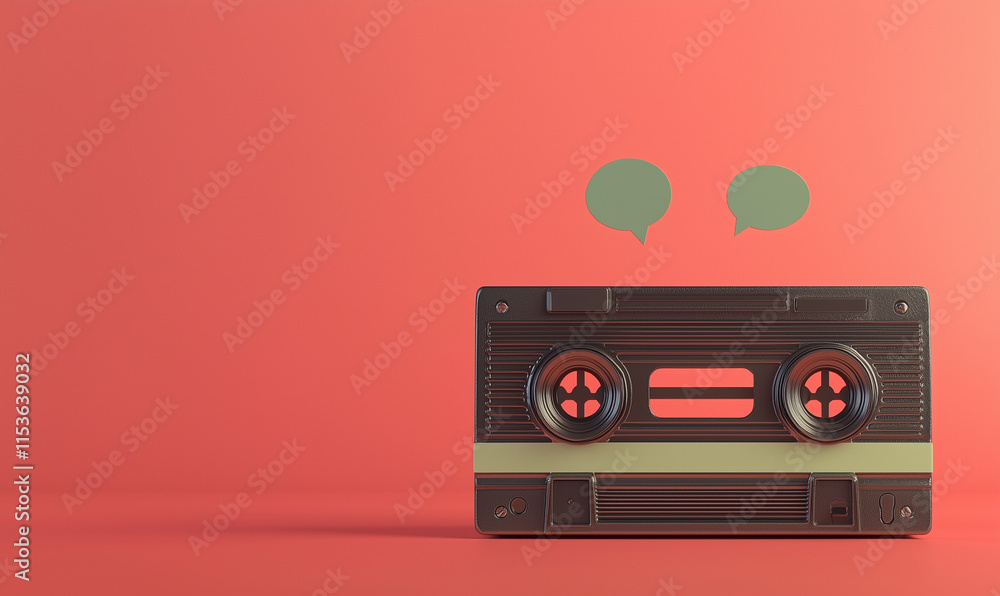 Poster a retro cassette tape on a vibrant background with speech bubbles above, evoking nostalgia and commu