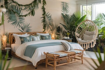 A serene bedroom features a large palm leaf wallpaper, lush greenery, rattan furniture, and a calming color palette of whites, greens, and blues. The overall vibe is tranquil and tropical.