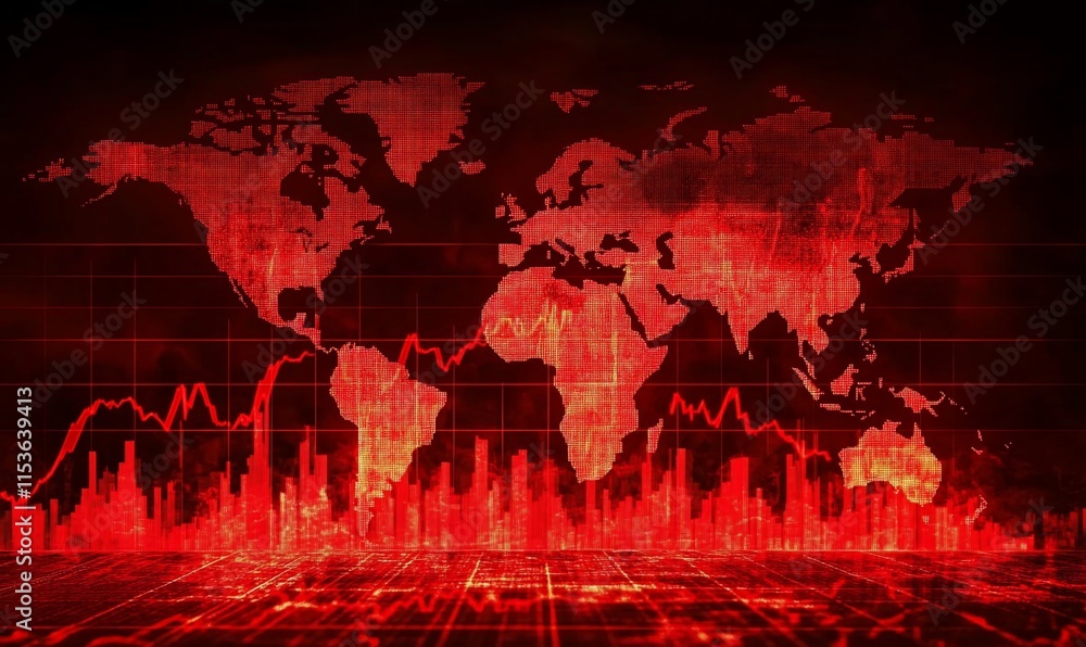 Poster a digital world map with red data visualizations and graphs.