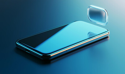 A modern smartphone with a reflective screen, showcasing a sleek design against a blue background, highlighting technological innovation.