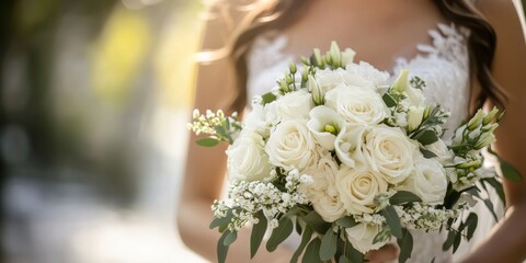 Bride with a white bouquet captured in a close up, showcasing the delicate details of the white bouquet and the bride s elegance, emphasizing the beauty of the white bouquet in this moment.