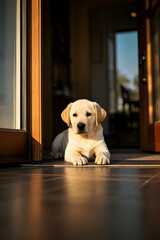 Adorable Yellow Labrador Puppy in Sunlit Doorway