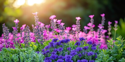Obraz premium Purple flowers bloom vibrantly, creating a stunning display that enhances the beauty of the garden. The presence of purple flowers contributes to a breathtaking garden atmosphere.