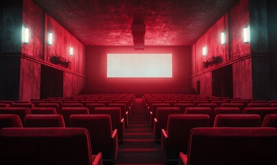 A dimly lit cinema with red seats and a bright screen at the front.