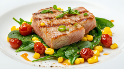 A dish featuring seared tuna steak with vibrant yellow corn kernels, deep green spinach leaves, and ruby-red cherry tomatoes, plated elegantly on a white plate. The pure white background creates a str