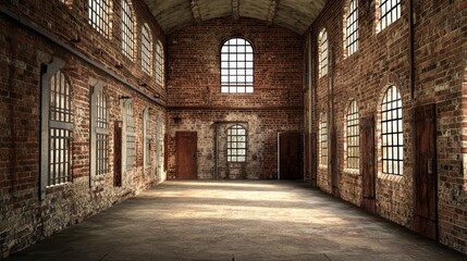 Historic prison interior featuring brick walls, showcasing the unique architectural elements of an old prison. The brick walls tell a story of the past within this old prison environment.