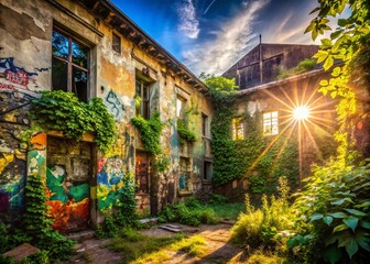 Fototapeta premium Vibrant Summer Urban Exploration: Abandoned Building, Graffiti Art, Sunlit Walls