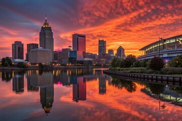 Obraz premium Vibrant Sunset Cityscape Reflection - Abstract Urban Art