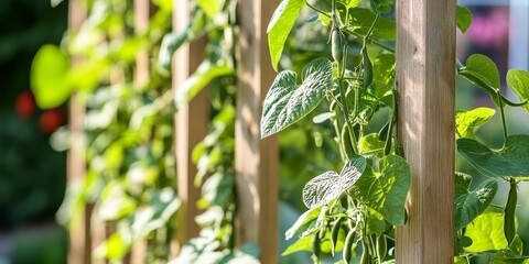 Runner bean plants gracefully climbing a wooden trellis showcase the beauty of gardening, highlighting the vibrant growth of runner beans in an organized, supportive structure.