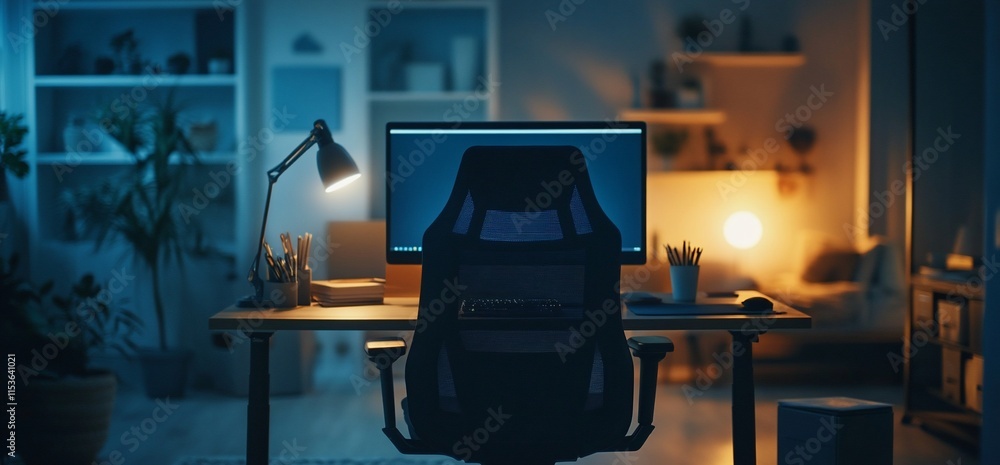 Poster a dimly lit workspace featuring a computer and chair, creating a cozy atmosphere.