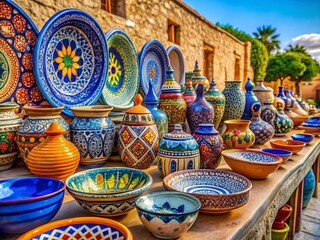 Vibrant Tunisian Pottery Collection in a Sunny Landscape