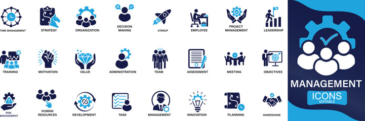 Business and organization management icon set. manager, teamwork, strategy, marketing, business, planning, training, employee You can easily change the color