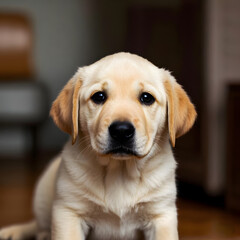 Adorable Labrador Retriever Puppy Sitting Indoors with Sad Expression