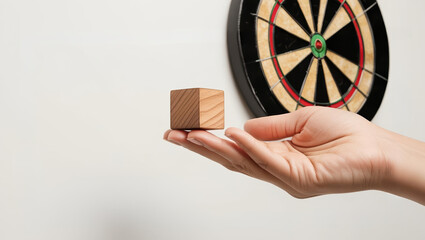 hand holding wooden cube in focus with dartboard in background, symbolizing precision and balance.