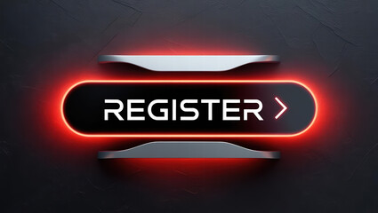 Futuristic glowing red register button with sleek metallic accents on dark textured background, evoking modern and high tech design