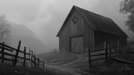 Obraz premium Serene Black and White Landscape with Barn and Fence