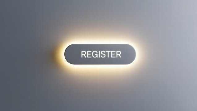 Glowing register button with futuristic light effect on minimal gray background, symbolizing online registration and modern digital interface design