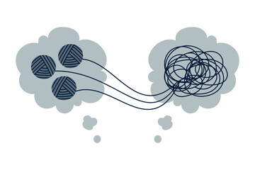 Psychologist unravelling three tangle of tangled thoughts. Speech bubbles. Counselling, therapy, psychology, support concept. Chaos and order