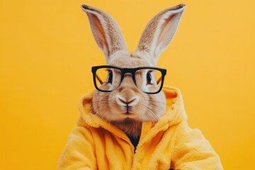 hare in a tracksuit. on a solid monochromatic background. in black glasses. bright colors. bokeh wide smile. intense joy. laughter. place for text