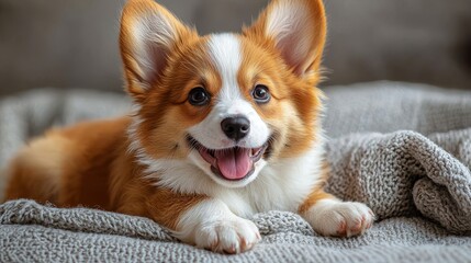 Playful corgi puppy resting on a cozy blanket