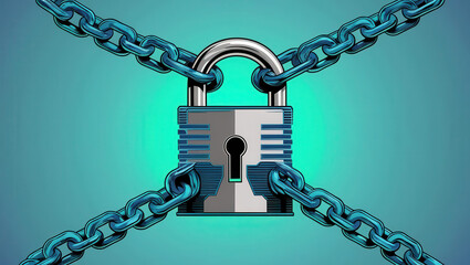 metallic padlock secured with intersecting chains symbolizes security and protection, set against vibrant gradient background, evoking sense of cyber safety and data encryption