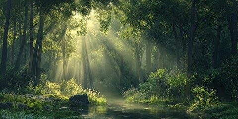 Fototapeta premium Serene morning ambiance in the forest showcases the beauty of nature s morning light, creating a tranquil scene in the forest that invites exploration and reflection. Enjoy the beautiful forest