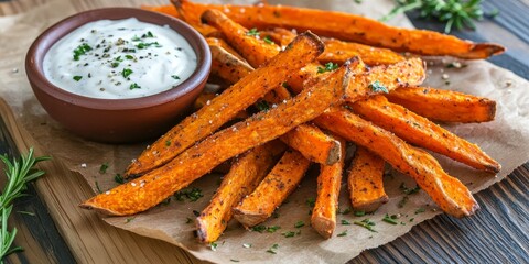 Delicious homemade baked orange sweet potato fries served with a fresh cream dip, enhanced by herbs, salt, and pepper, perfect for a healthy snack or side dish featuring orange sweet potato fries.