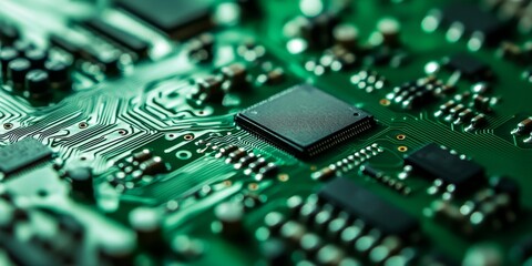 Obraz premium Close up macro image of a green computer printed circuit board, featuring selective focus on a blank chip, highlighting the intricate details of the printed circuit board.
