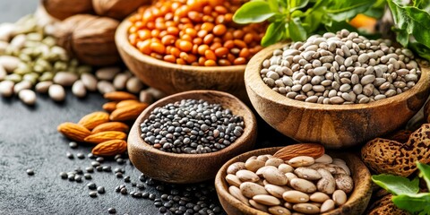 Nourishing healthy food abundant in vitamin B2 riboflavin includes a variety of natural food sources such as seeds, nuts, and legumes. Embrace healthy food for a balanced diet with vitamin B2.