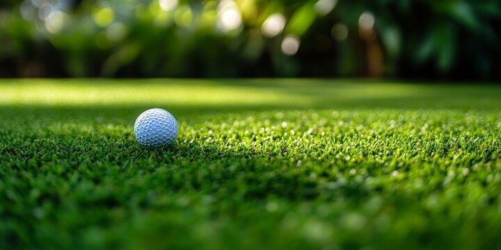 Golf ball resting on lush green grass, aimed toward the hole, capturing the essence of the game with a focus on the golf ball s path and placement on the vibrant green grass.