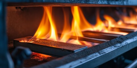 The fire blazes from a gas burner within a boiler, showcasing the intense flames produced by the gas burner as it operates within the system of the boiler for heating purposes.