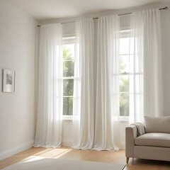 Fototapeta premium A pair of white curtains hanging in a room, with the curtains partially open to reveal a bright, light-filled space beyond