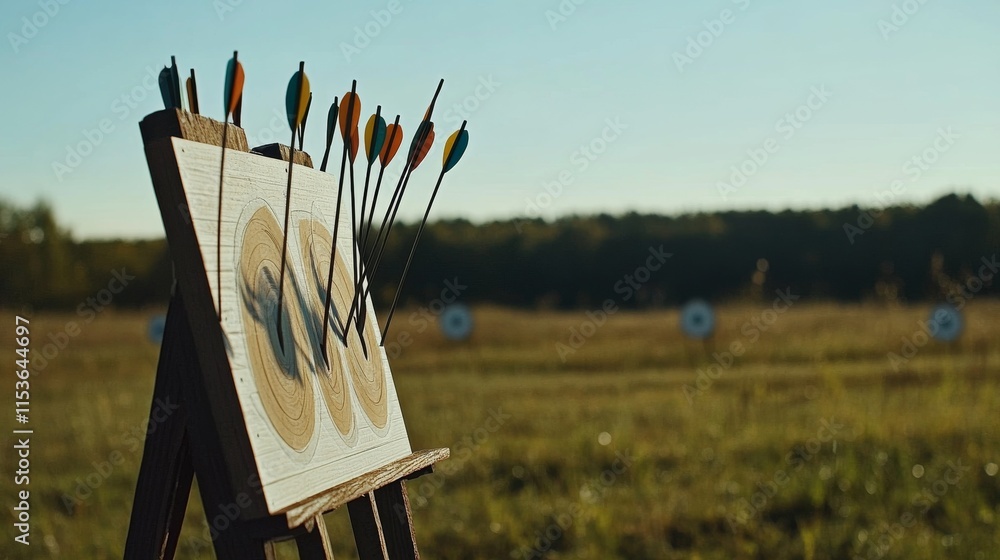 Poster A tranquil archery range with arrows neatly arranged in a target board, A clean, open field with perfectly spaced targets