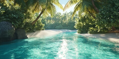 Obraz premium This stunning image showcases a captivating island oasis with sparkling, clear waters, ideal for creating inspirational visual content for screens.