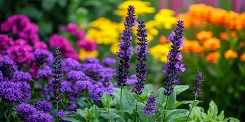 Obraz premium Vibrant purple salvia flowers bloom beautifully in a lush garden, showcasing the stunning colors and intricate details of the purple salvia, perfect for enhancing any outdoor space.