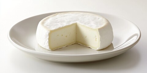 Soft cheese displayed on a plate, isolated against a clean white background. This soft cheese showcases its creamy texture, making it a delightful addition to any culinary presentation of soft cheese.