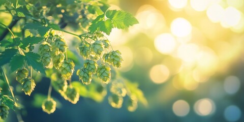 Obraz premium Wild green hops thrive under the sun, showcasing the beauty of nature. This vibrant wild green hops shrub highlights the essence of growth and vitality in natural landscapes.