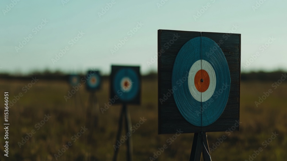 Poster A tranquil archery range with arrows neatly arranged in a target board, A clean, open field with perfectly spaced targets
