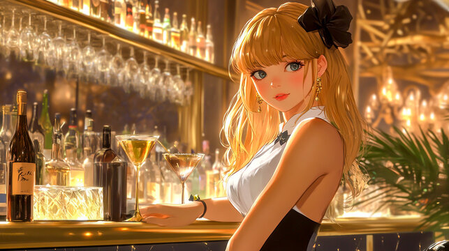 A confident anime girl managing a trendy, upscale nightclub with a glamorous atmosphere and exclusive clientele